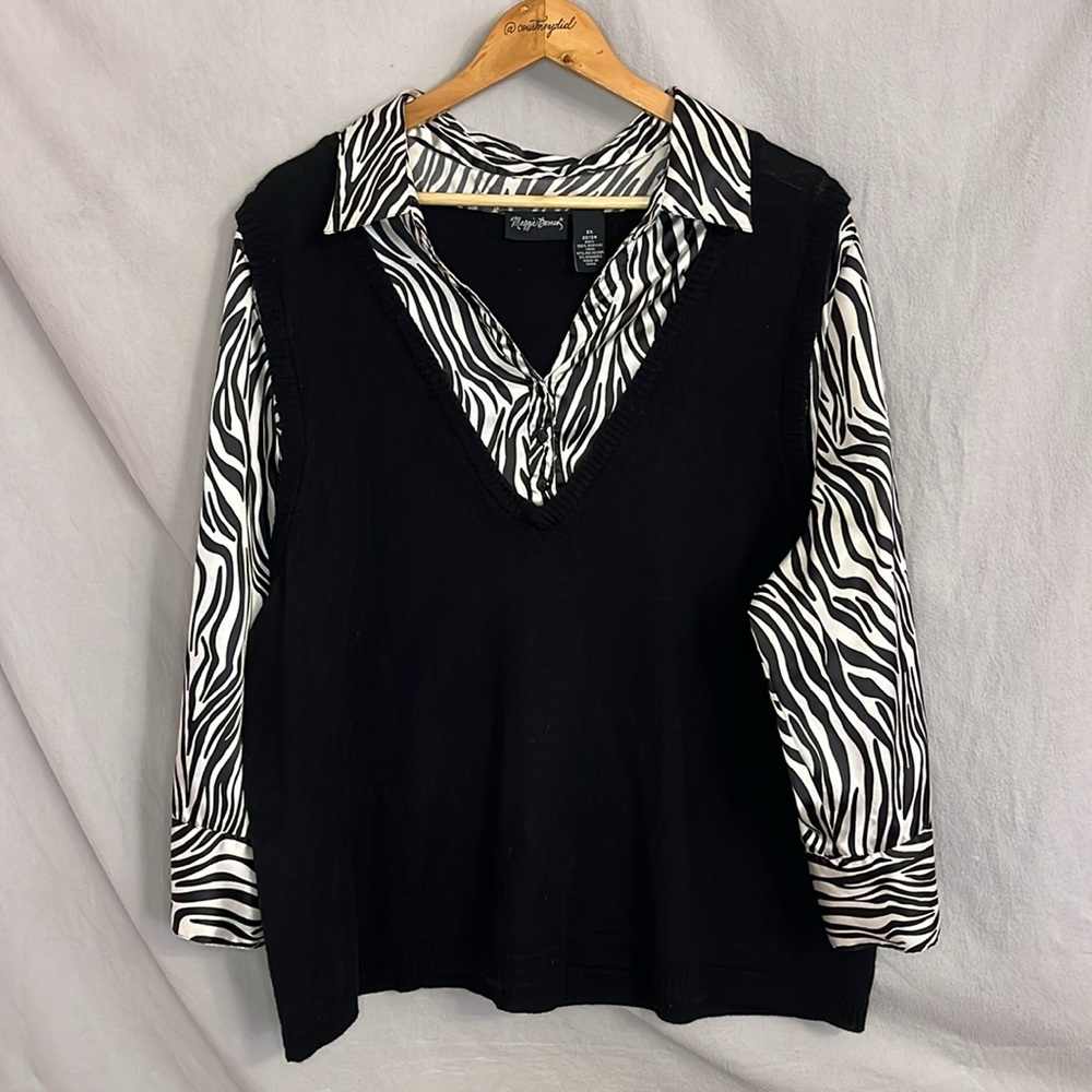 Maggie Barnes/Catherines Black & White Zebra Print Mixed Media Sweater 2X(22/24)